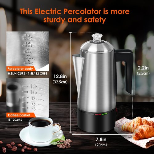 HOMOKUS Electric Coffee Percolator 12 CUPS Percolator Coffee Pot,800W Percolator Coffee Maker Stainless Steel with Clear Knob Cool-touch Handle,Coffee Pot Percolator Auto Keep Warm Function