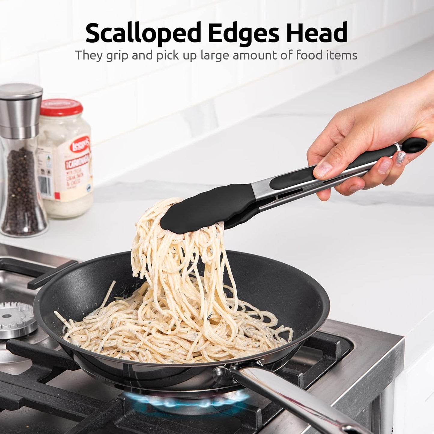 U-Taste 9-Inch Silicone Cooking Tongs - 600ºF Heat Resistant with Non-Stick Tips & Smooth Locking (Black)