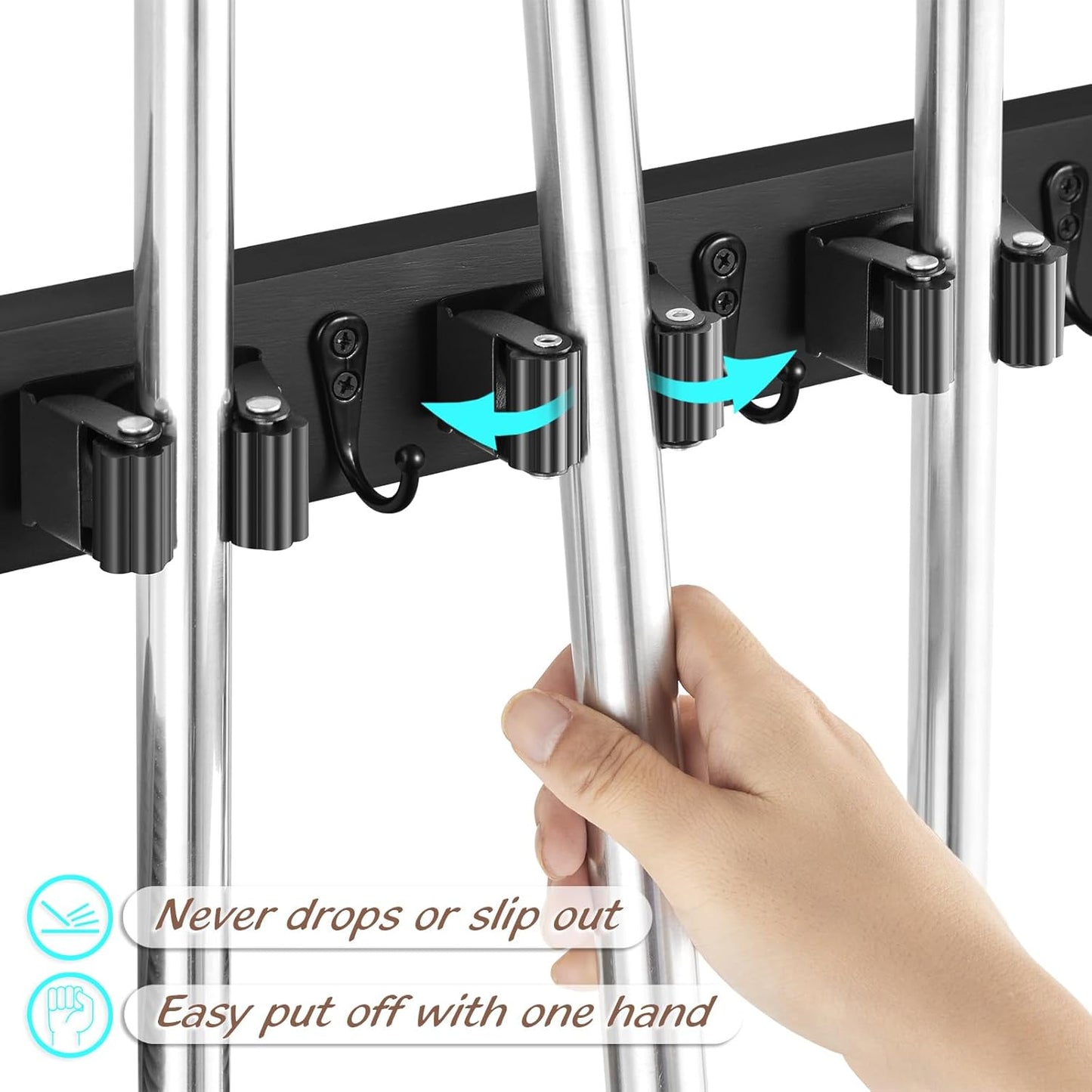 OUTNILI Wall Mounted Mop Broom Holder - 2 Pack Black Organizer with 4 Slots & Hooks for Garage, Closet, Laundry Room