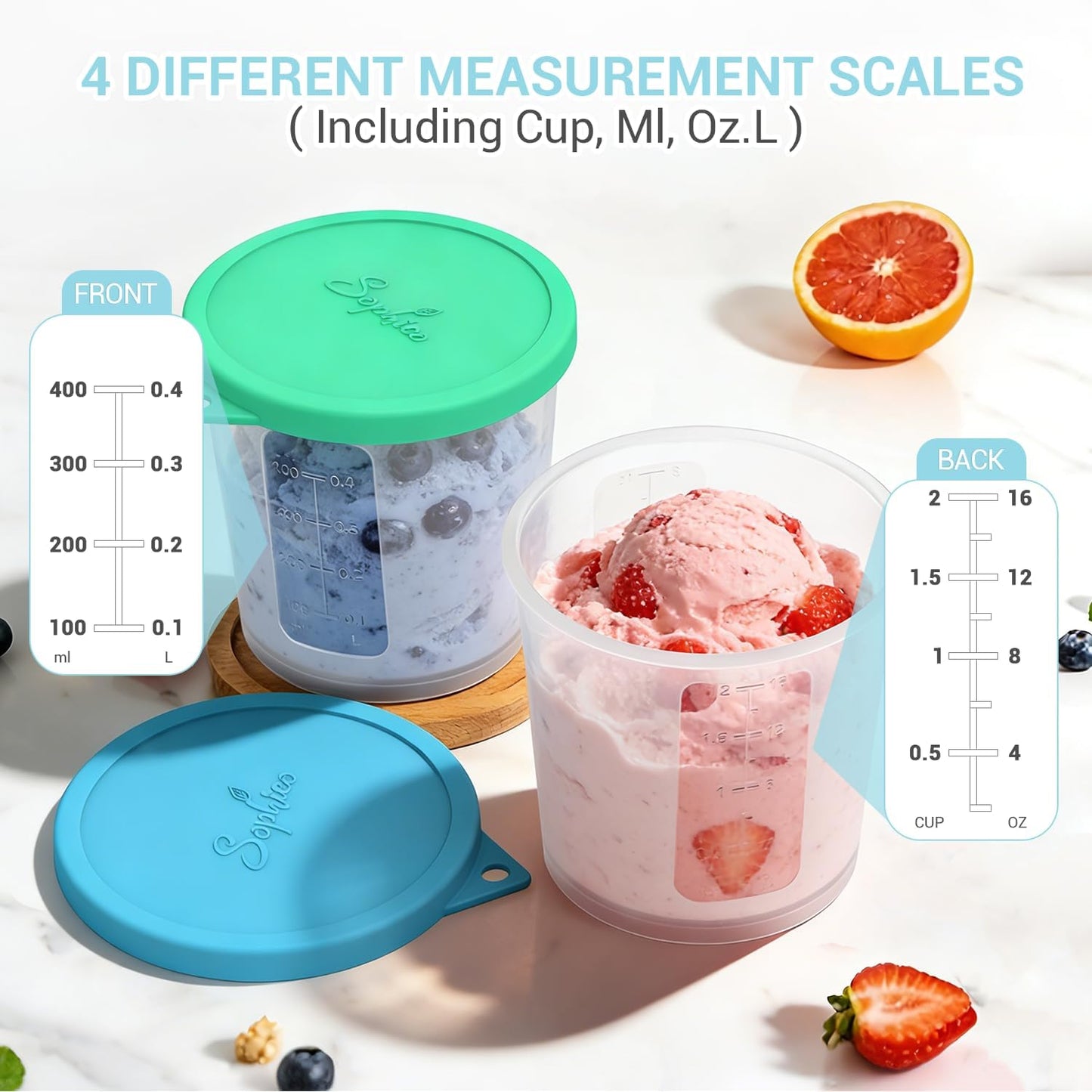 SOPHICO Ice Cream Pint Containers - Airtight Freezer Storage Tubs with Silicone Lids | Medium, 4 Pack