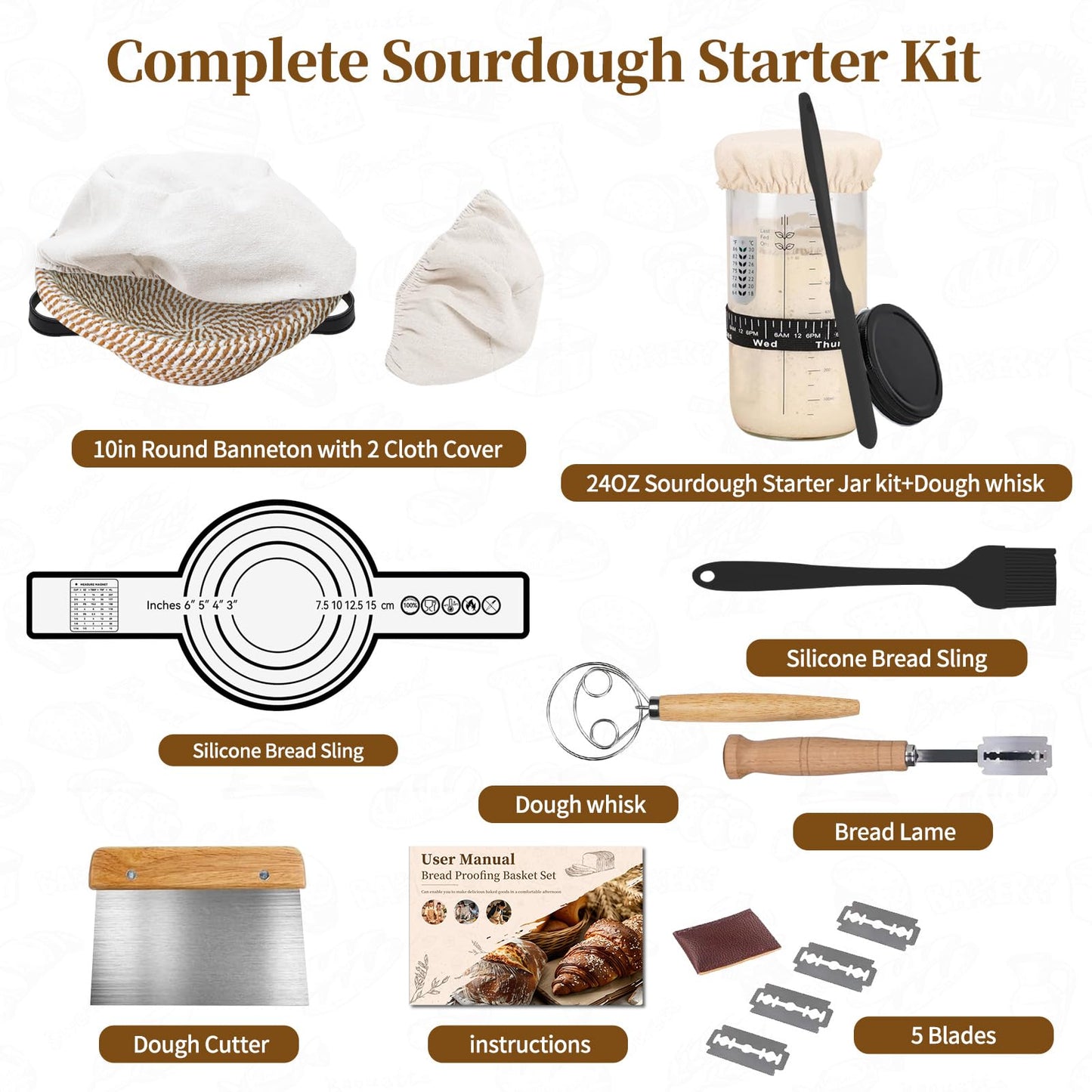 Sourdough Starter Kit, Banneton Proofing Basket 10" Round, Sourdough Bread Baking Supplies With Starter Jar, Bread Sling&Lame, Danish Dough Whisk Sour Dough Kits Gifts for Bakers Women Wife Mom