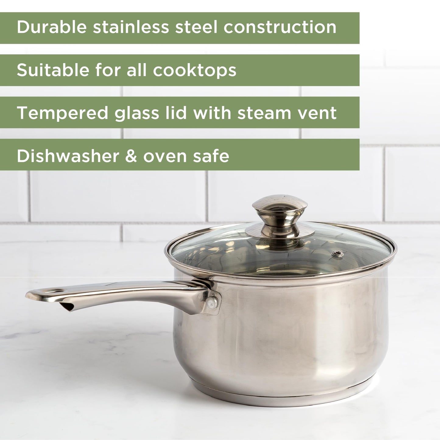 Ecolution Stainless Steel Sauce Pan, Encapsulated Induction Ready Cooking Pot with Glass Lid, Oven Safe, Dishwasher Safe Soup Pot, 3-Quart