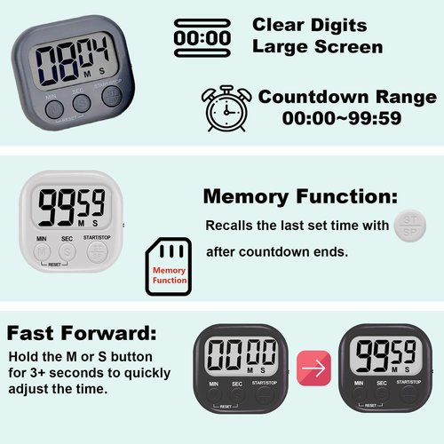 6-Pack Digital Kitchen Timer, 99-Min 59-Sec Countdown & Stopwatch, Loud 100dB Alarm, Strong Magnet, Power-Saving On/Off Switch, Time Memory, Classic Colors, Multiple Placements, Batteries Included