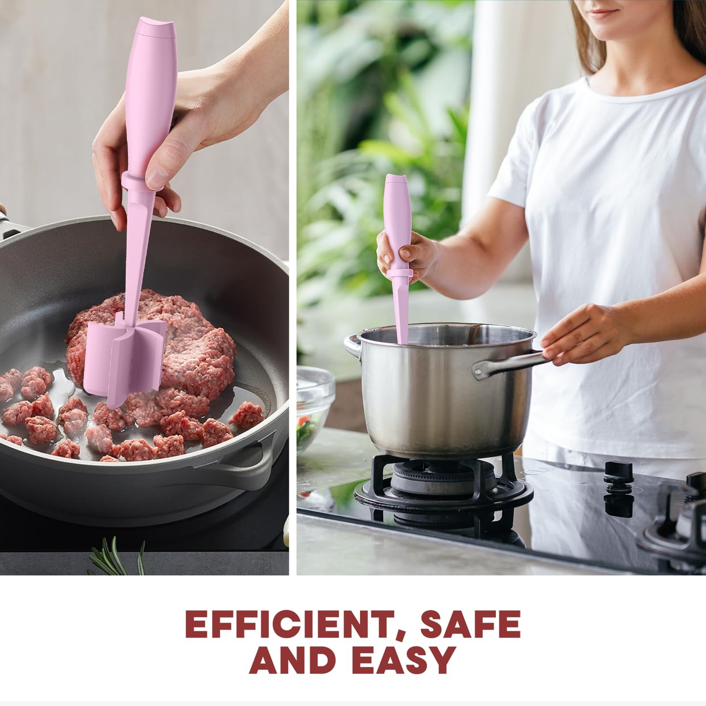 Meat Chopper, Hamburger Grinder, Premium Heat Resistant Smasher for Ground Beef, Burger Grinder Nylon Potato Mix Tool-Pink