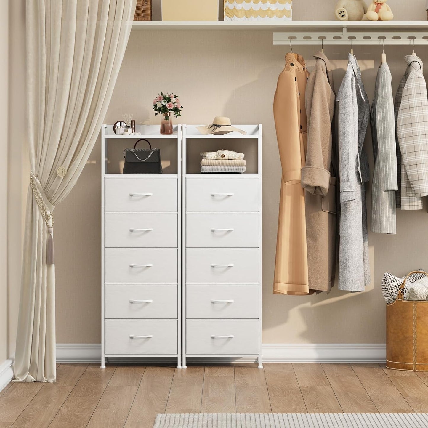 Somdot Tall Dresser - 5-Drawer Vertical Storage Tower Unit for Bedroom | White Leather Finish
