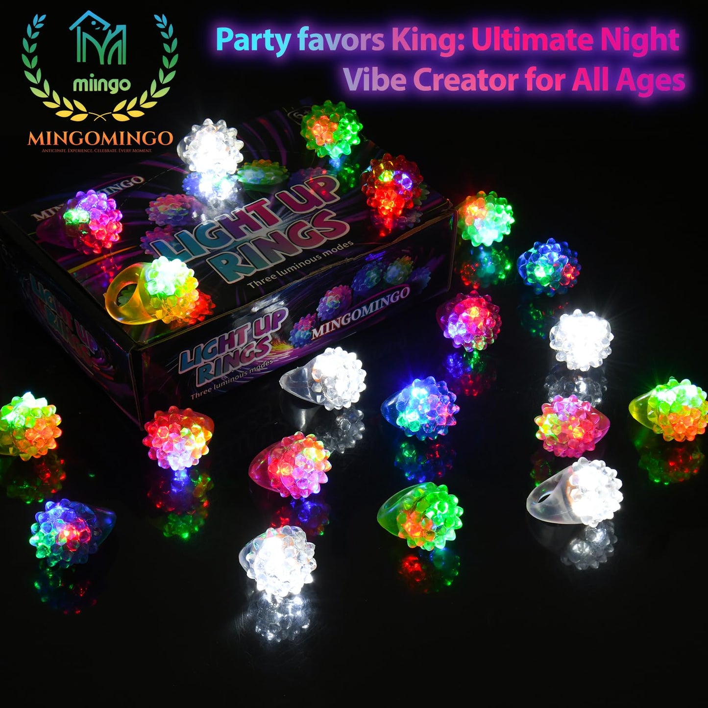 MINGOMINGO 25 Pack LED Light Up Rings & Glow Rings – Bachelorette Party Favors, Bridal Shower Favors, Graduation Favors Bulk, Classroom Prizes, 3-Mode Flashing