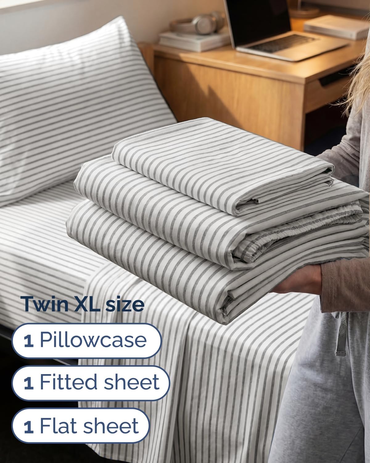 Skiennix Twin XL Sheet Set - Comfy Cooling 3-Piece Bedding - Deep Pocket, Wrinkle-Free, Grey Stripes