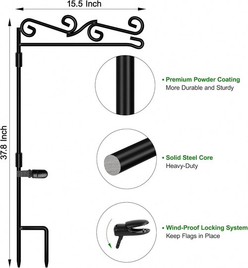 HOOSUN Garden Flag Stand - Premium Black Metal Pole Holder | Weather-Proof, 37.8"H x 15.5"W for Outdoor Use
