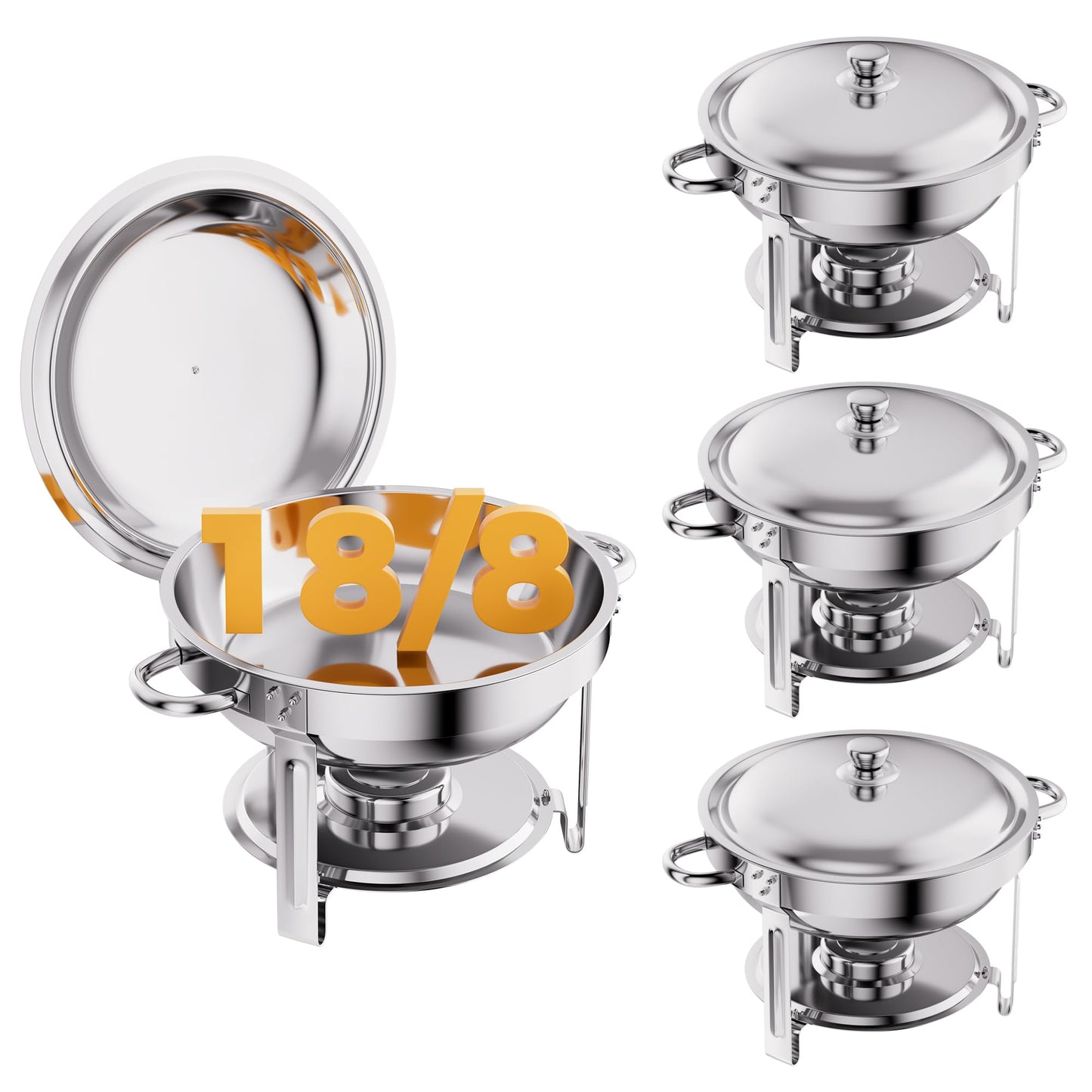 CAMMOO Silver 4 Pack Chafing Dishes for Buffet, 18/8 (304) Stainless Steel Food Pan with Lid, 6QT Round Chafing Dish Buffet Set Food Warmer, Food Warmers for Parties Buffet Catering Events Dinners
