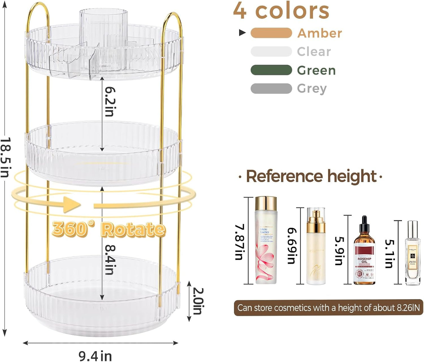 Skiennix 360° Rotating Makeup Organizer - Upgraded 3 Tier Skincare & Perfume Storage | Clear Cosmetic Dresser with Brush Holder