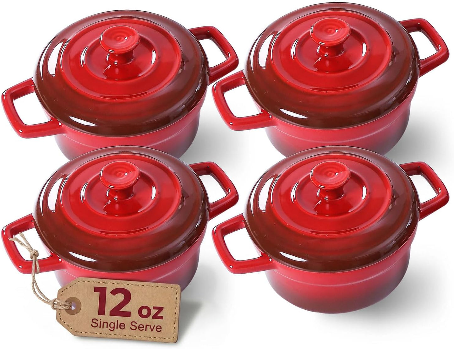 Lareina Mini Cocotte - 12oz Ceramic Casserole Dishes with Handles & Lid | Set of 4 - Red, Oven & Microwave Safe