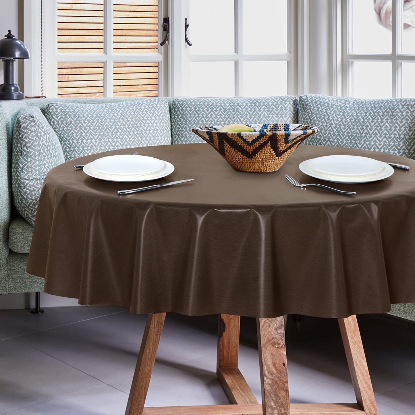 sancua 100% Waterproof Round PVC Tablecloth - 60 Inch - Oil Proof Spill Proof Vinyl Table Cloth, Wipe Clean Table Cover for Dining Tables, Buffet Parties and Camping, Coffee