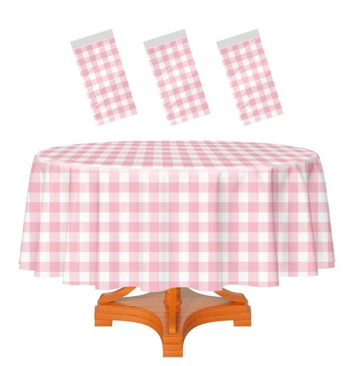 HEIPINIUYE 3 Pack Pink and White Round Checkered Tablecloth 84 × 84 Pink Plaid Table Cover Disposable Tablecloth for Round Tables Party Picnic Camping Birthday Plastic Gingham Table Cloth