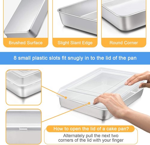 E-far Stainless Steel Baking Pan - Heavy Duty Rectangle Sheet Cake Pans with Lids | 12⅓ x 9¾ x 2 Inch - Set of 2
