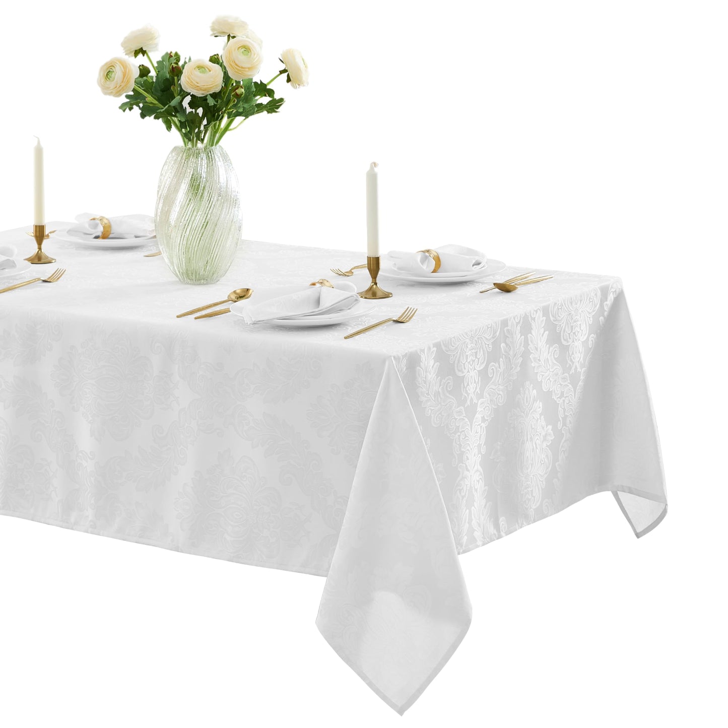 Newbridge Barcelona Luxury Damask Fabric Tablecloth, 70” Extra Wide x 144” Rectangle, White, 100% Polyester, No Iron, Soil Resistant Dining Room, Party and Banquet Table Cover