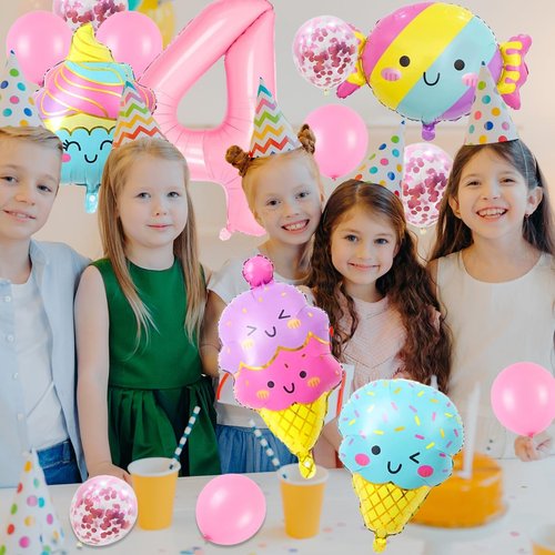 Ice Cream Balloons Number 4 Balloons 40 Inch, Ice Cream Birthday Party Decorations, 4 Balloon Number for Candy Birthday Party Decorations