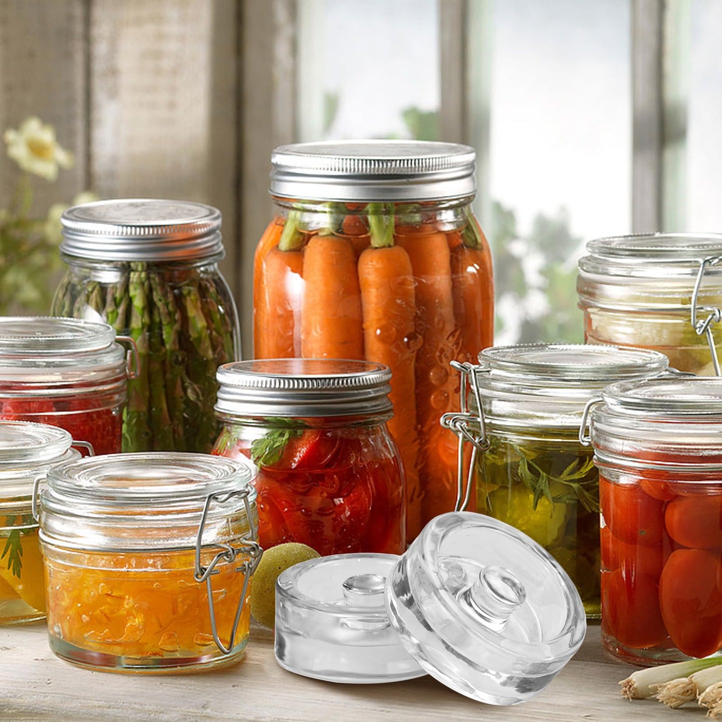 Fermentation Weights,2 Pack Glass Fermentation Weights with Grip Handle,Fermenting Weights for Wide Mouth Mason Jar and Canning Fermenting Pickling Sourkrout