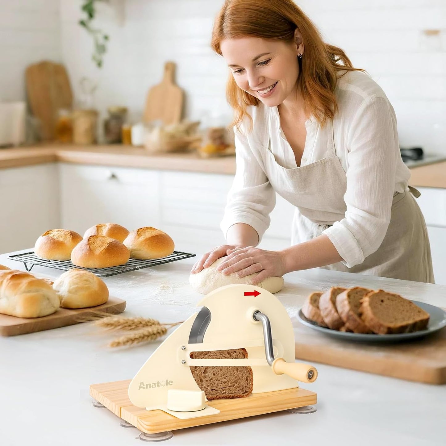 Anatole Foldable Manual Bread Slicer - Adjustable Thickness Hand Crank Cutter with Engraved Scale | Stainless Steel, 6 Suction Cups