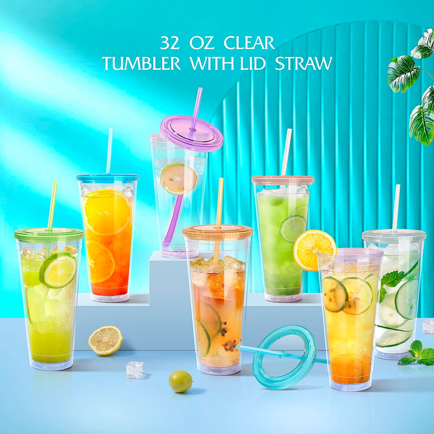 Luxfuel 32 oz Acrylic Tumblers with Lid & Straws, Double-Walled Insulated Clear Plastic Drink Cup, BPA-Free, Reusable Iced Coffee Cups for Parties, Birthdays, Graduation, Fits Car Cup Holders - 2 Pack