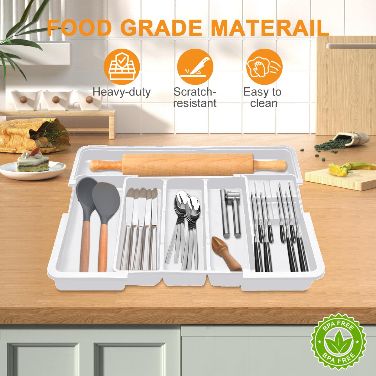 Homecor Kitchen Utensil Drawer Organizer, Large 22"x 19" Expandable Silverware Organizer with Removable Knife Block, Utensil Holder and Cutlery Tray, Kitchen Spatula Tools and Gadgets Storage, White
