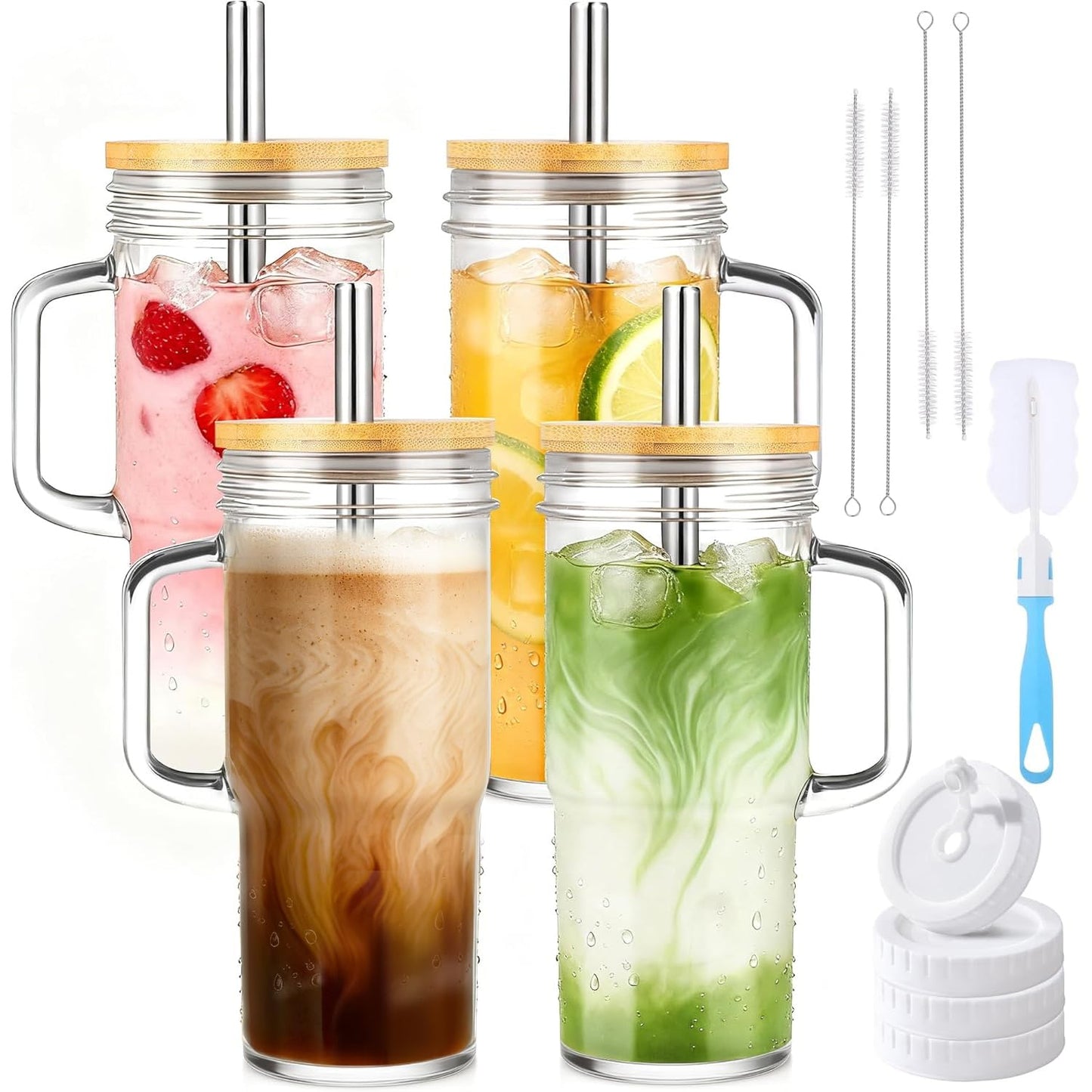 Birity Glass Cups with Lids and Straws,24oz Glass Tumbler With Handle,4 Pack Reusable Iced Coffee Cup with Lids-Mason Jar with Lid and Straw,Boba Cup for Cold & Hot Drinks,Smoothies Cup,Travel Mug