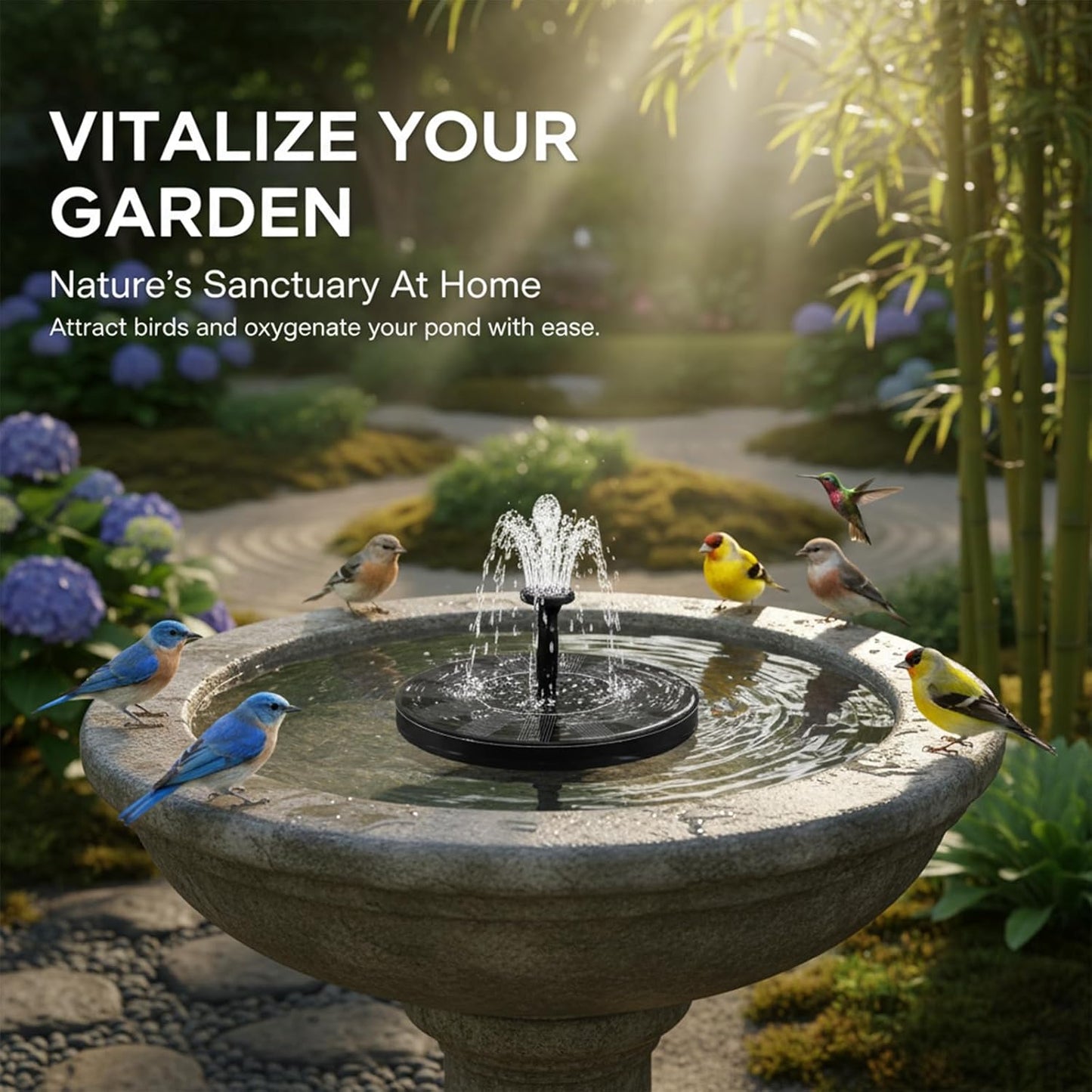 Solar Fountain - Mini Floating Water Fountain with 6 Nozzles for Bird Bath, Garden & Pond (5.1 Inch)