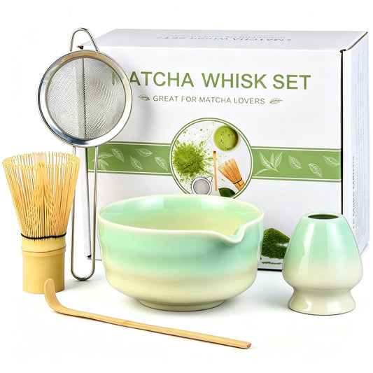 Matcha Whisk Set, 5pcs Japanese Ceremony Matcha Tea Kit Includes Ceramic Matcha Bowl with Spout, Bamboo Whisk & Holder, Traditional Scoop, Stainless Sifter, Gift for Matcha Lovers Beginner