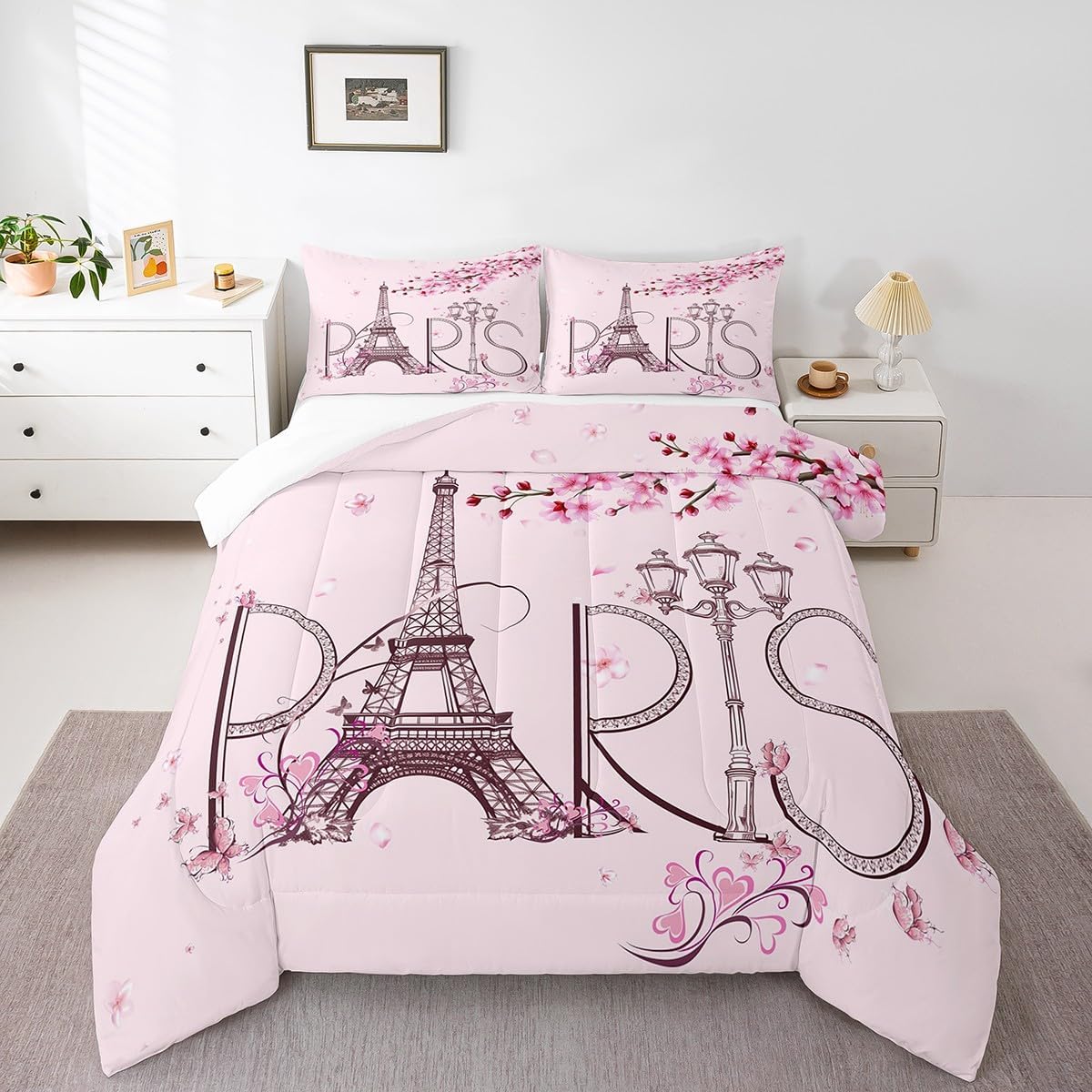 Homewish Dandelion Comforter Set Queen Size,Rustic Natural Bedding Set 3pcs for Kids Teens Girls Boys Room Decor,Butterfly Floral Animal Quilt Set Black and White Duvet Insert with 2 Pillowcases