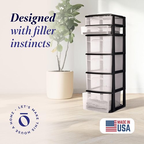 HOMZ 6-Tier Clear Plastic Drawer Tower - Heavy-Duty Storage Organizer Cart for Home & Closet