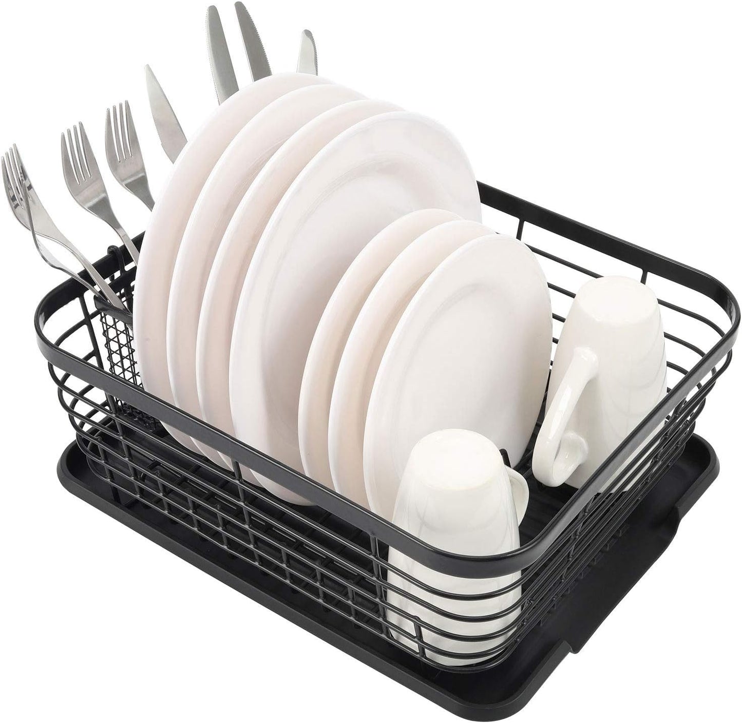TQVAI Kitchen Dish Drainer Rack - Includes Drying Board & Full-Mesh Utensils Holder | Black