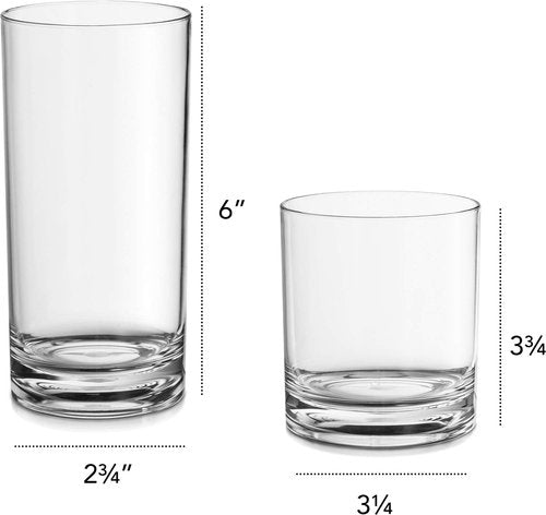 Elegant Acrylic Drinking Glasses [Set of 16] Attractive Clear Plastic Tumblers - Unbreakable Drinkware Set Ideal for Indoor and Outdoor - Kid Friendly