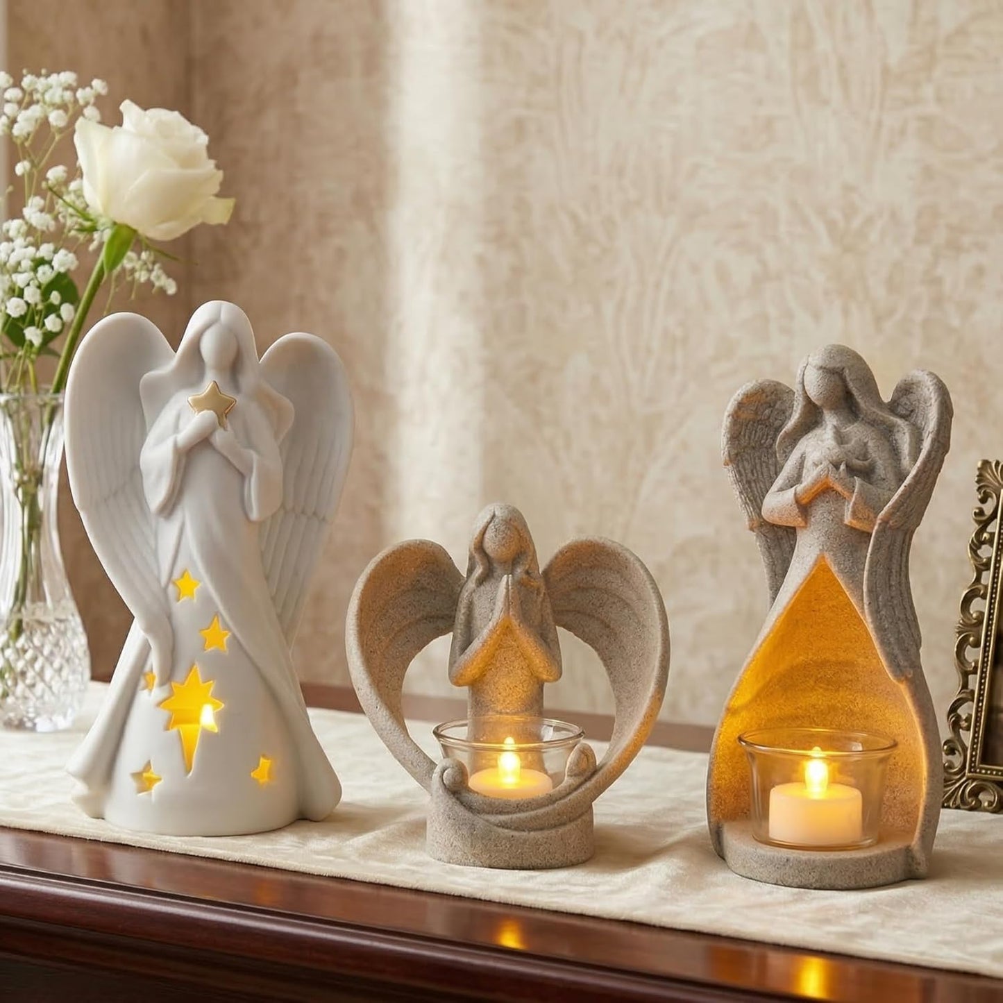 OakiWay Memorial Candle Holder - Angel Figurine with Flickering LED Tealight | Sympathy Gift for Loss