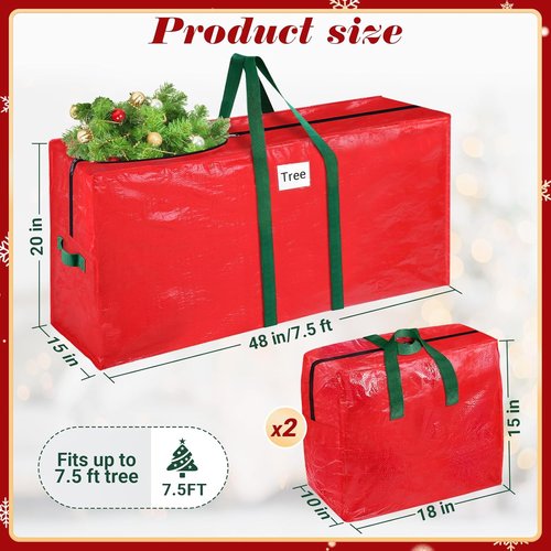 BlessedSeason Christmas Tree Storage Bag - 7.5 Ft Waterproof Design with 2 Tinsel Garland Bags | Reinforced Handles & Dual Zipper (Red)