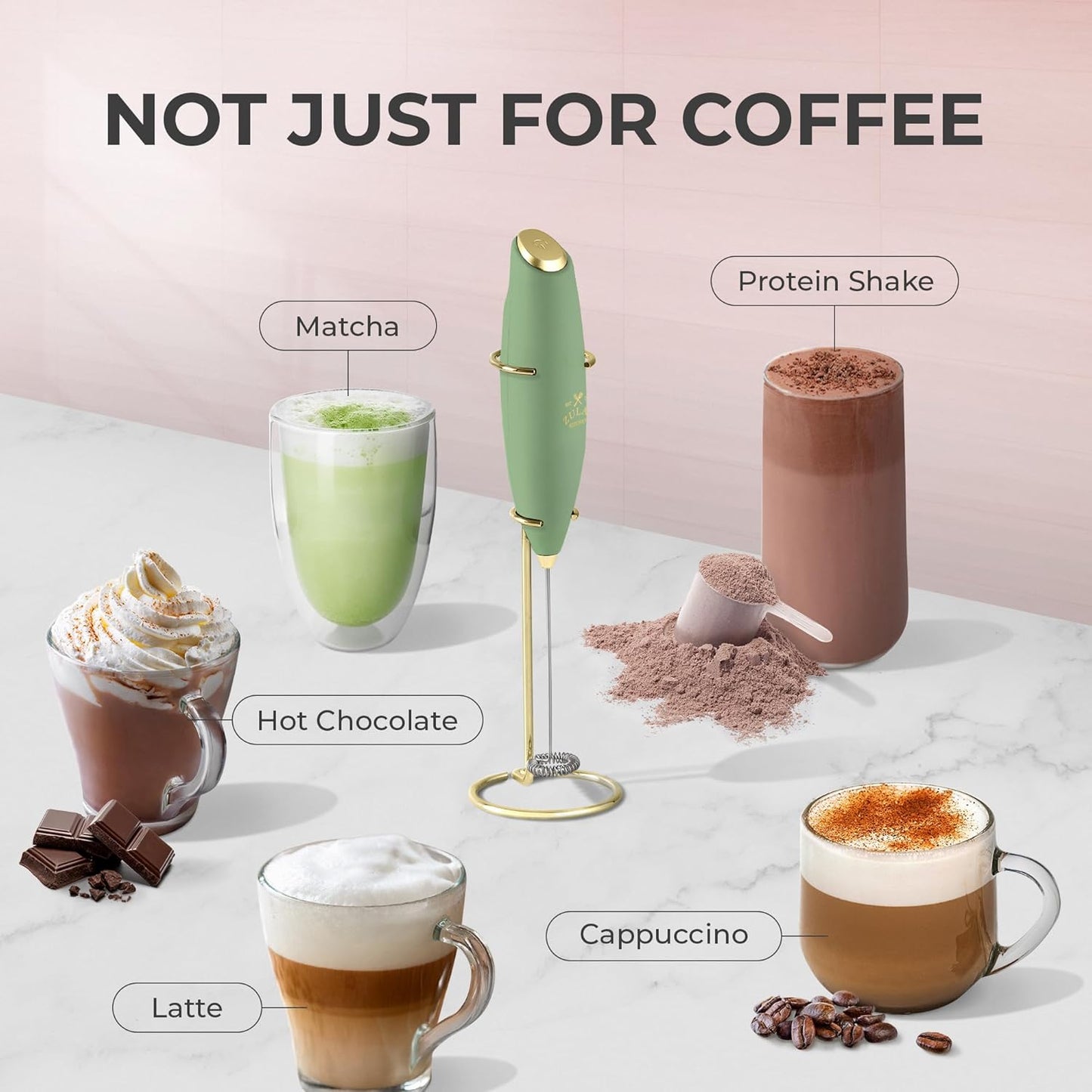 Zulay Kitchen Milk Frother Wand - Ultra Fast Handheld Electric Whisk for Coffee & Lattes - Forest Gold