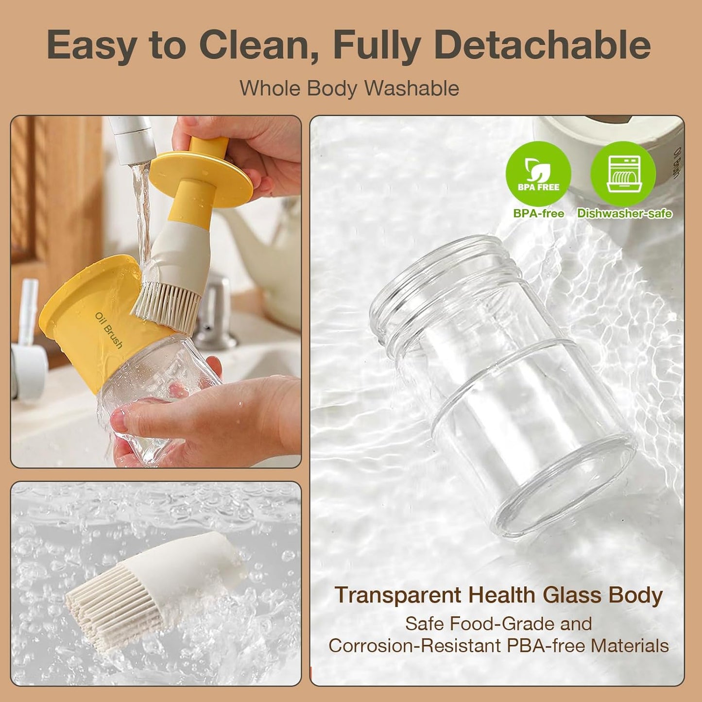 YARRAMATE Oil Dispenser with Brush - 300ml Glass Bottle for Kitchen | Heat Resistant Silicone Basting Brush - Orange
