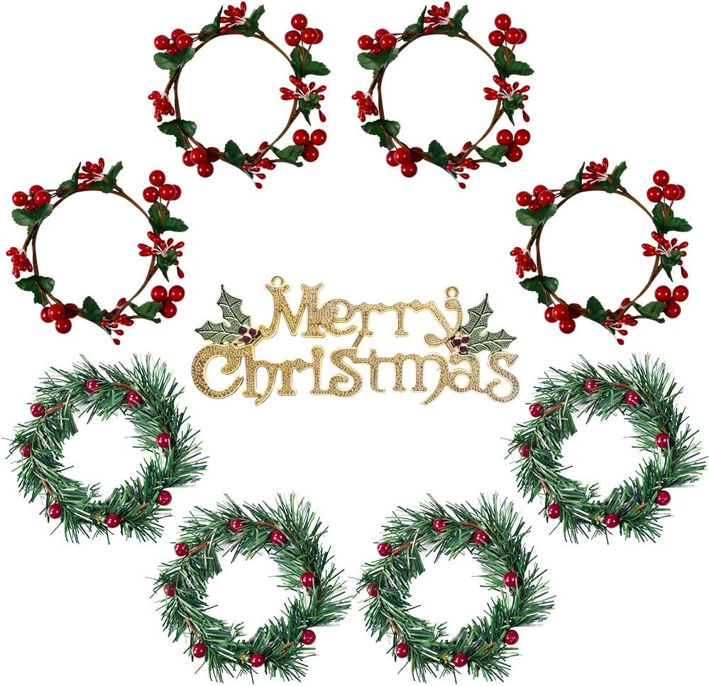 YBB Christmas Candle Rings - 8Pcs Small Red Berry Wreath Holders for 3-Inch Pillar Tapers | Rustic Wedding Decor