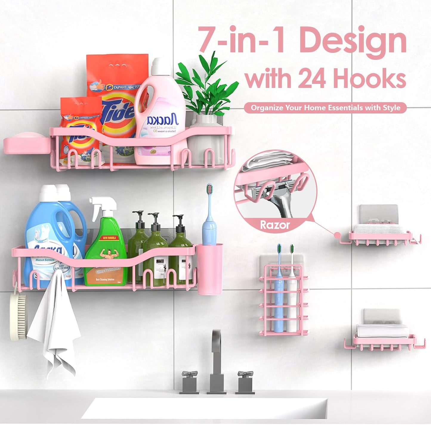 NESOMI Shower Caddy - Rustproof Stainless Steel Organizer with Large Capacity | 7-Pack No-Drill Storage Solutions