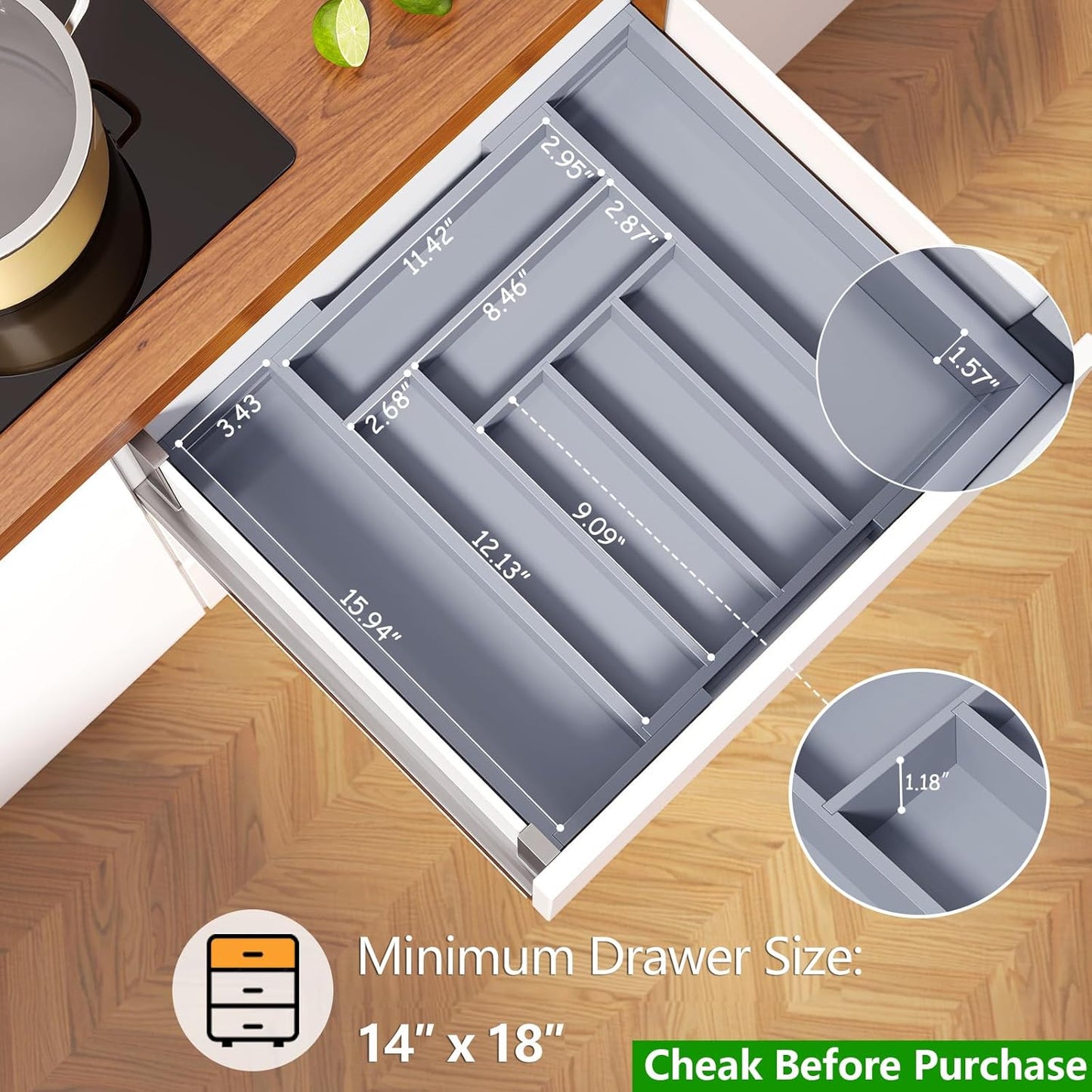 Pipishell Bamboo Drawer Organizer - Adjustable Utensil Holder & Cutlery Tray | Grey Wood Dividers