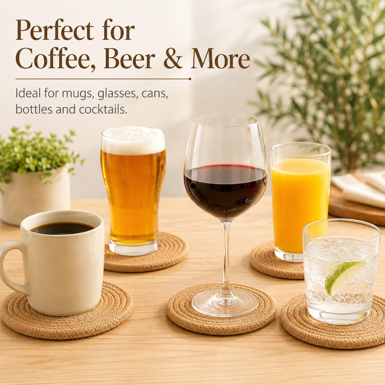 ABenkle Woven Coasters for Drinks Set of 6, Boho Absorbent Drinking Coaster, 4.3 Inch - Perfect Housewarming Gift, Home Decor, Bar Essentials for Coffee Table