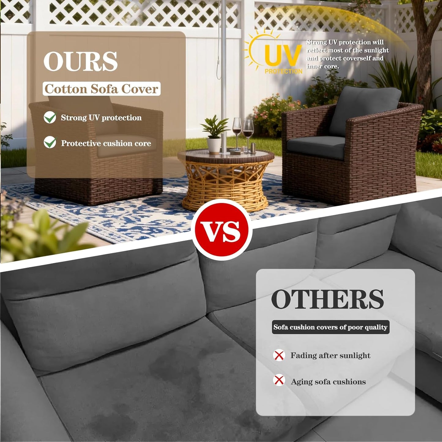 Skiennix Patio Cushion Covers - 4PCS Splash-Proof Deep Seat Slipcovers for Outdoor Furniture | Grey