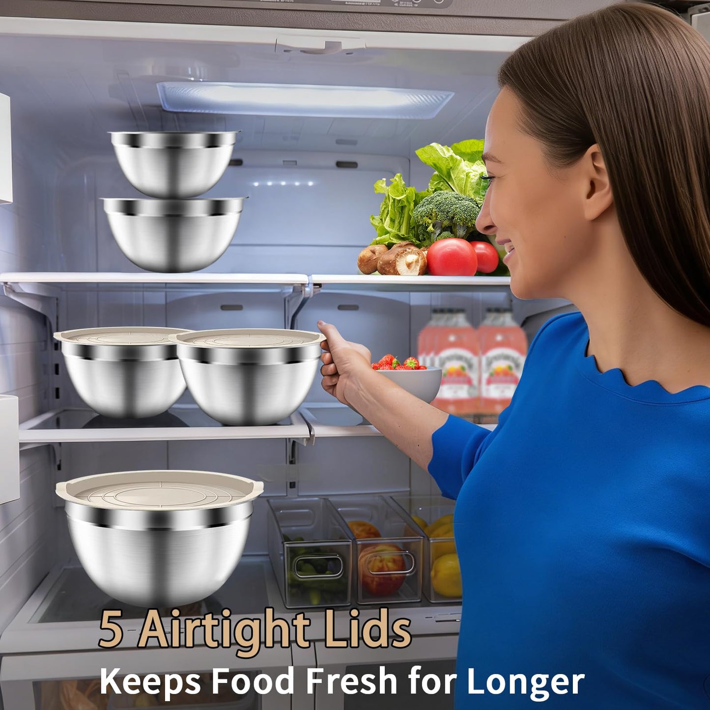 ZEENSUY Mixing Bowls with Airtight Lids Set, 5 PCS Stainless Steel Khaki Nesting Bowls for Kitchen, Large Prep Metal Mixing Bowls for Kitchen, 5.5/4/3.5/2/1.5 QT for Mixing & Serving