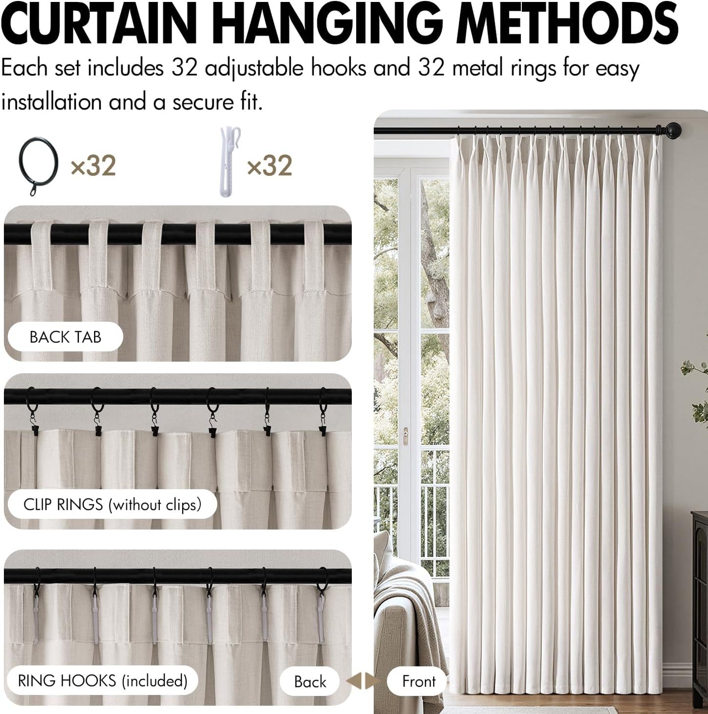 MIULEE Thick Linen Pinch Pleated Curtains - 90 Inch Semi-Sheer Light Filtering Drapes | 4 Panels in Beige & White