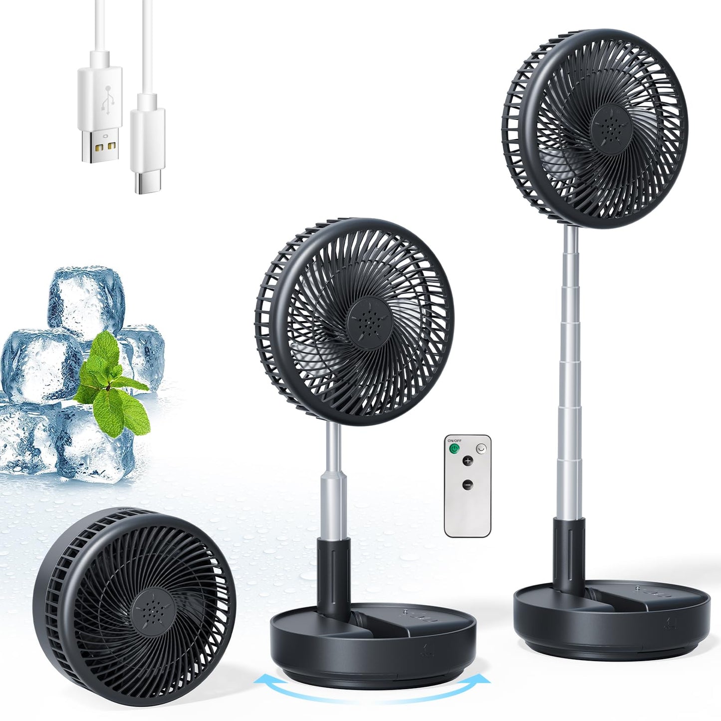 Primelove Portable Oscillating Rechargeable Fan, Battery Operated with 4 Speed Settings & Remote Control, Desk Travel Fan for Sleeping, Camping, Cruise, RV - Black 8" USB C