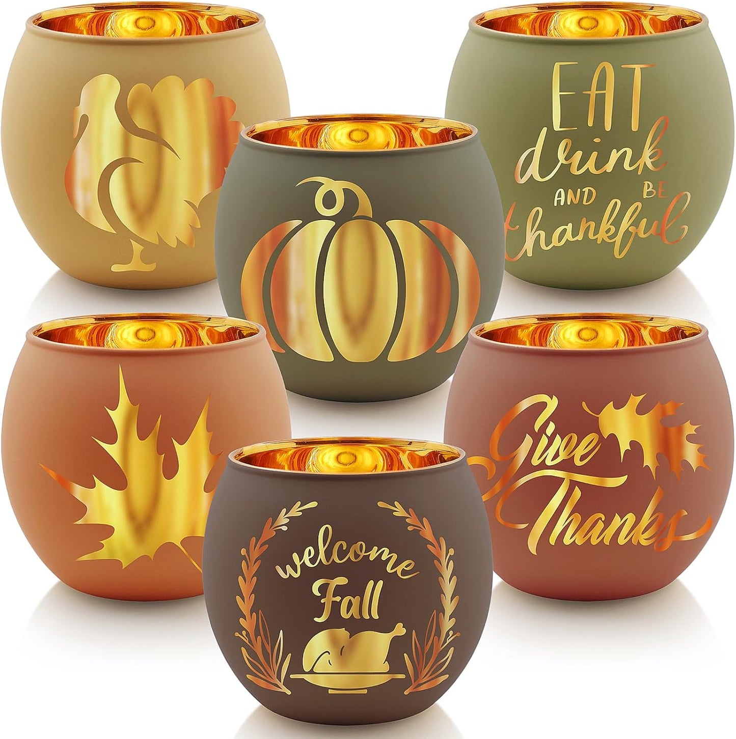 Thanksgiving Votive Candle Holder Set by [Brand Name] - 6 Glass Holders with Laser Engraved Designs for Fall Centerpiece Decor