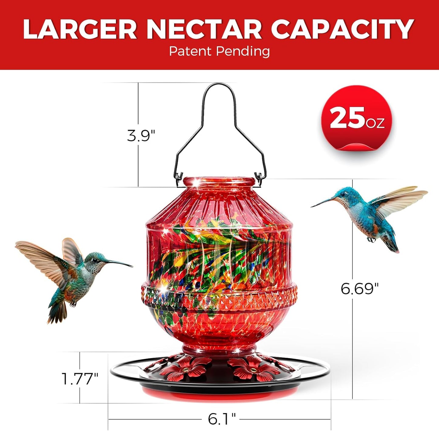 Skiennix Blown Glass Hummingbird Feeder - 25 Ounce Leak-Proof Nectar Feeder with 5 Flower Ports | Red Garden Decor