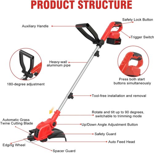 21V Cordless String Trimmer & Edger - 12" Auto-Feed Grass Cutter with 4.0Ah Battery & Fast Charger | Red