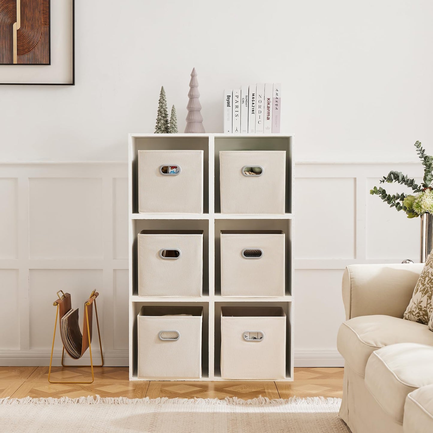 MAX Houser 6 Pack Foldable Fabric Storage Bins with Handles - Ideal for Closet Organization, Bedroom and Nursery（ Beige, 12"x12"x12"）