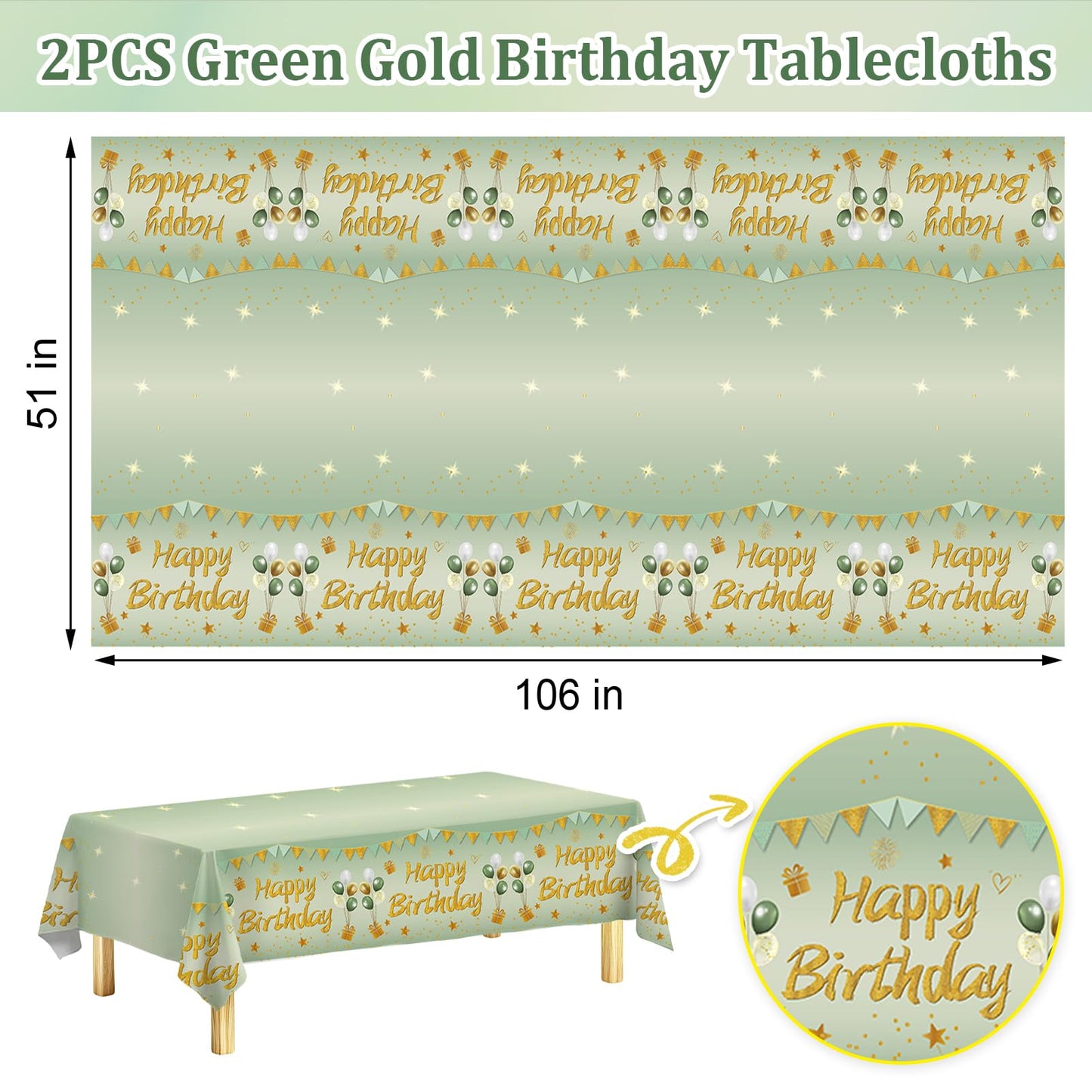 2Pcs Sage Green Birthday Tablecloth Decorations for Women Girls, Light Green Happy Birthday Table Cover Party Supplies, 13th 16th 21st 30th 40th 50th Bday Plastic Disposable Rectangular Table Cloth