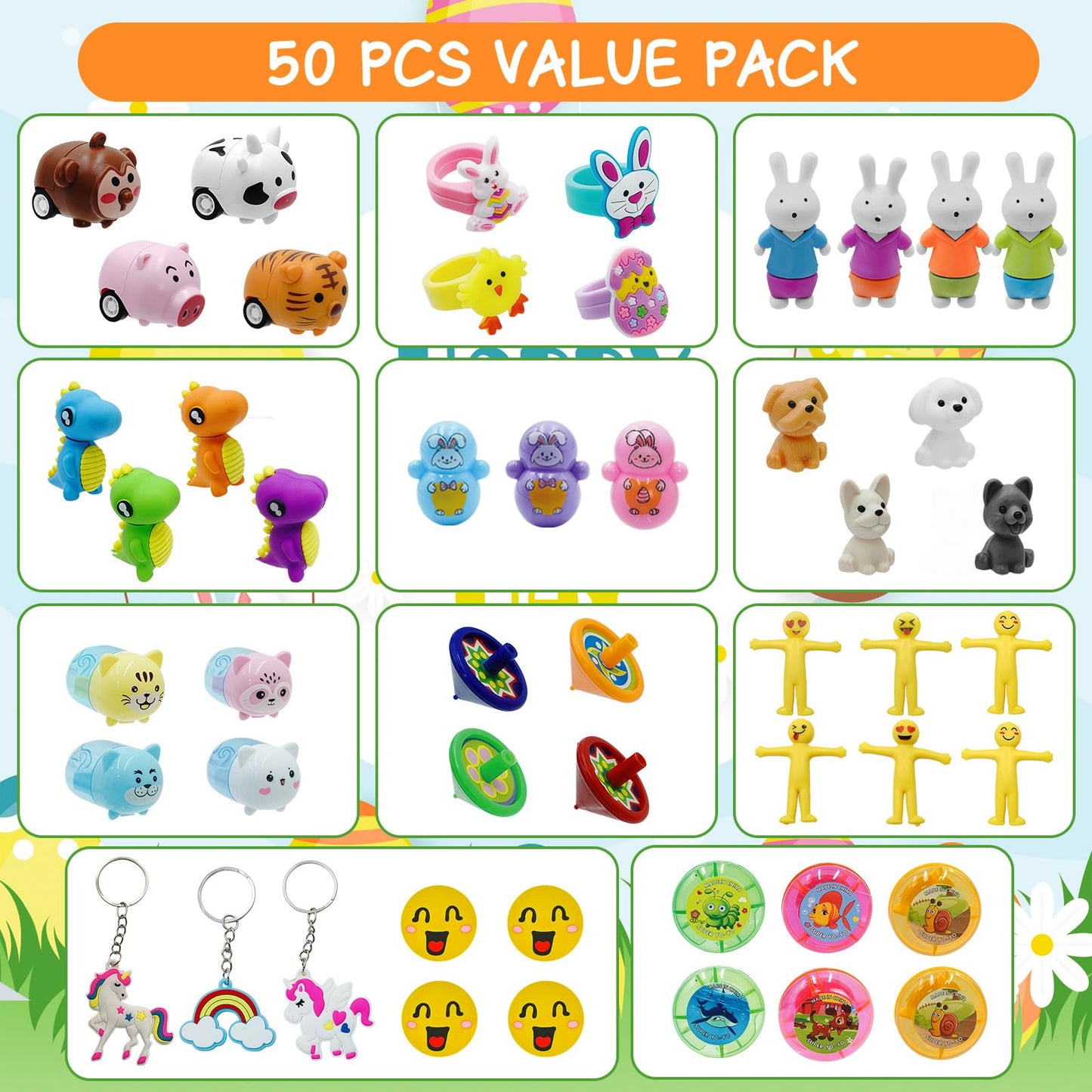 PIONJOY 50PCS Prefilled Easter Eggs with Toys ,50 Plastic Easter Eggs Fillers with Assorted Toys Easter Basket Stuffers for Kid Toddler Boys Girls Party Favors