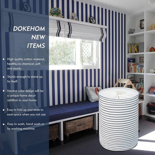 DOKEHOM 20-Inch Freestanding Laundry Basket - Collapsible Drawstring Hamper with Lid & Handle (Blue Stripe, L)